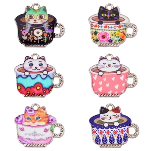 Set of 6 colorful cat in teacup enamel pendants for DIY jewelry making and crafts