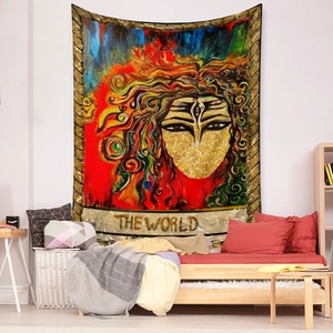 Detail of The World Tarot tapestry with vibrant abstract art on a modern bedroom wall