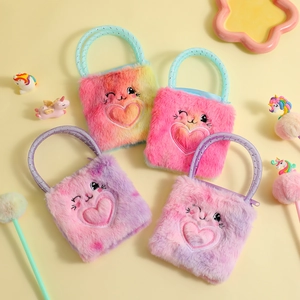 Kids plush handbag with cat embroidery in four gradient colors and woven handle