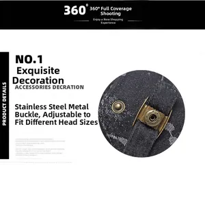 Close-up of adjustable stainless steel buckle on a denim beret for head size customization
