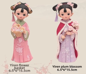 Detail view of resin Chinese court style girl figurines with height dimensions