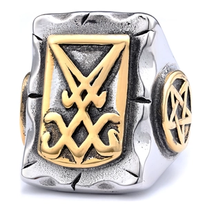 Gothic Lucifer Sigil ring in silver and gold stainless steel with a vintage finish