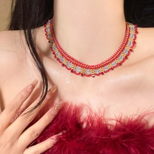 Vintage Ethnic Style Handmade Woven Glass Beaded Choker Necklace For Women Sweet Artificial Pearl Wave Lace Collar Jewelry Necklace