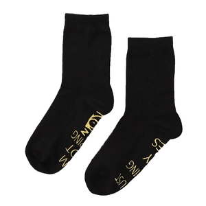 Black mid-tube cotton socks featuring gold I'M JUST RESTING MY EYES embroidery on soles