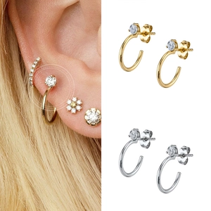 Minimalist S925 silver needle C-shaped earrings with zircon inlay in gold and silver