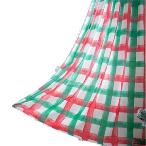 Red and green plaid Christmas window curtain with tassels made of cotton linen fabric