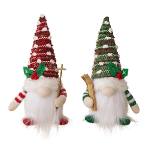 Christmas plush gnomes set with red and green knitted hats and wooden ski accessories