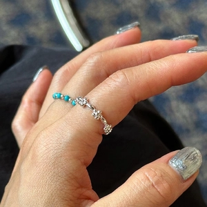 925 Sterling Silver beaded ring with small carved flowers and turquoise blue stones