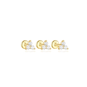 Three-stone cluster S925 sterling silver gold earrings with white round-cut cubic zirconia