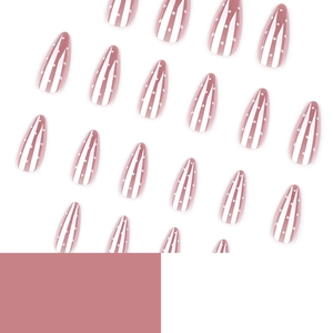 Almond shaped press-on nails in rose pink with white vertical lines and mini dots