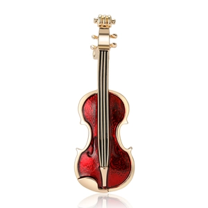 Elegant red and gold violin brooch pin with enamel finish and reflective shadow