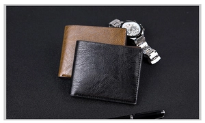 Business style short bifold wallets for men in black and brown textured leather