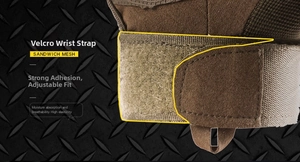 Detail of adjustable wrist velcro strap on tactical gloves with breathable sandwich mesh
