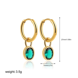 Detailed view of 18K gold earrings with green oval stone pendants and dimensions