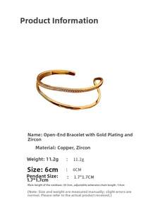 Detailed view of gold plated zircon open bangle with dimensions and material specs