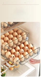 Detail of drawer-type double layer egg storage box with sliding tracks for fridge