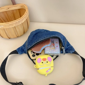 Kids denim crossbody waist bag in navy blue with adjustable strap and spacious interior
