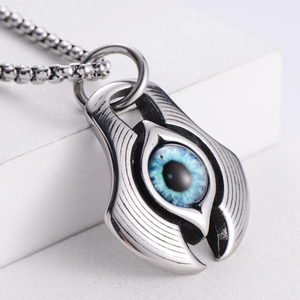 Polished silver stainless steel evil eye pendant necklace with blue glass eyeball detail