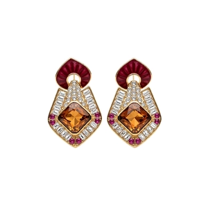 Vintage gold-tone earrings with red fan detail and amber crystals in a diamond shape