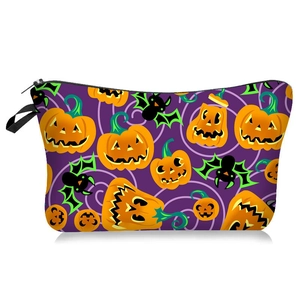 Halloween makeup bag with vivid pumpkin and bat prints on purple background