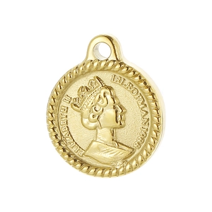 Golden Elizabeth II coin pendant in stainless steel with textured edge on white background