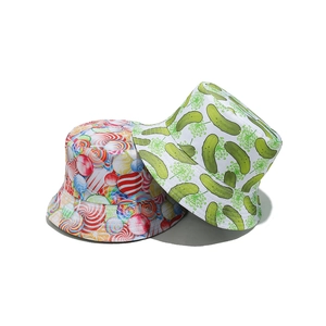 Women's summer sun hats featuring colorful candy and green pickle patterns in soft cotton