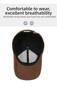 Detailed interior of brown corduroy baseball cap showing breathable sweatband and texture