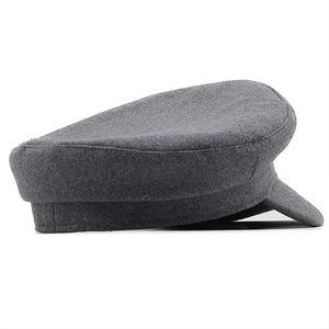 Deep grey minimalist military cap in wool blend featuring a flat top and side-back view