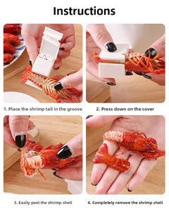 Detailed four-step guide for using the white plastic crawfish sheller tool on wooden surface