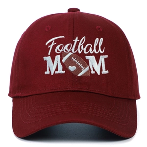 Detail of Football MOM embroidery on burgundy washed cotton baseball cap