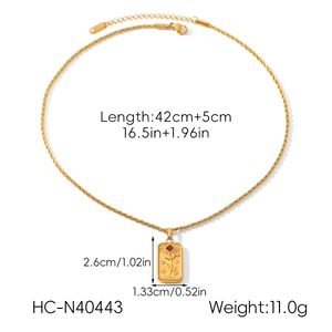 Detailed size chart of gold lovers tarot necklace with 3D rose relief and red gemstone