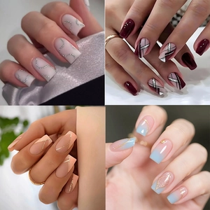 Unghie Finte in Plastica ABS Francese Minimalista per Donna Unghie Finte Medie Lunghe Quadrate Con Linee Glitterate Strumento Manicure Moda