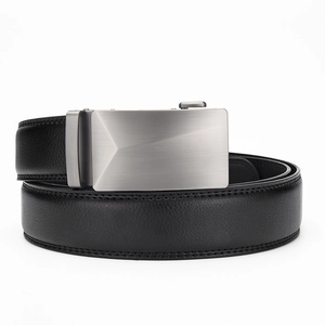 Men's business leather belt with black textured strap and silver brushed automatic buckle