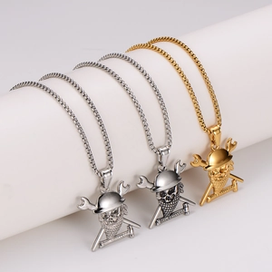 Vintage stainless steel pirate skull boilermaker pendant necklaces in gold and silver