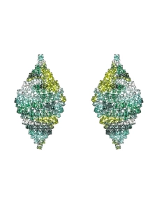 Macro shot of geometric diamond earrings featuring green and yellow gradient crystals