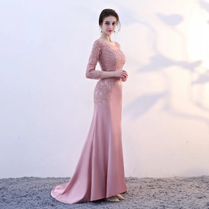 Elegant pink long-sleeve fishtail gown with lace embroidery and slim-fit satin skirt
