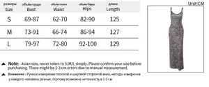 Detailed size chart for the leopard print maxi dress with measurements in centimeters