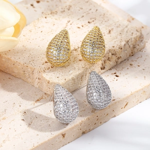 Luxury Copper Full Zirconia Inlaid Teardrop Stud Earrings For Women Elegant Water Drop Gold Silver Color Fashion Jewelry