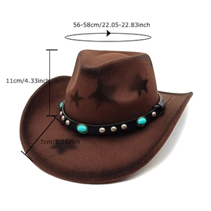 Ethnic western cowboy hat in dark brown felt with turquoise studs and size measurements
