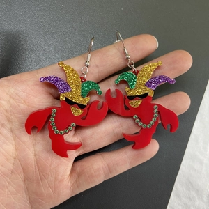 Detail of lightweight acrylic crawfish earrings with glitter clown hat and sunglasses
