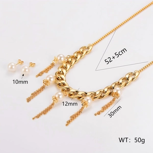Gold stainless steel jewelry set with pearl tassel necklace and stud earrings