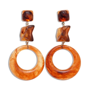 Vintage amber resin geometric round hoop earrings with dark brown marbled texture finish