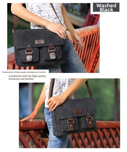 Detail of vintage canvas messenger bag with brown leather straps and metal hardware