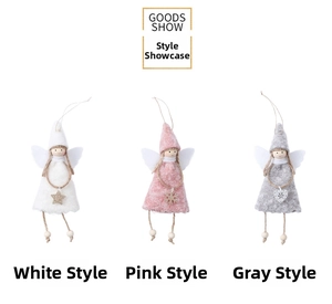 Detailed trio of felt Christmas angel ornaments in white, pink, and grey with gold accents
