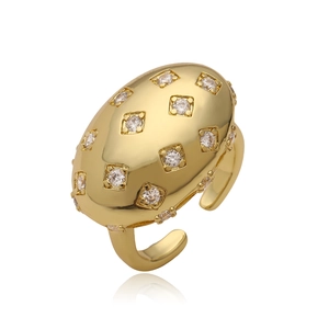 Geometric 18K gold plated oval ring with rectangular zircons on white background