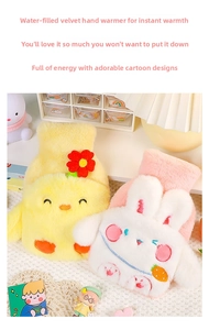 Detail of plush hot water bottle covers with cute cartoon embroidery and soft fabric