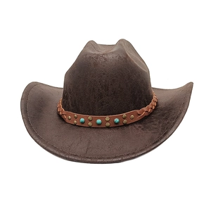 Classic dark brown western cowboy hat with turquoise beads and metal studs on braided band