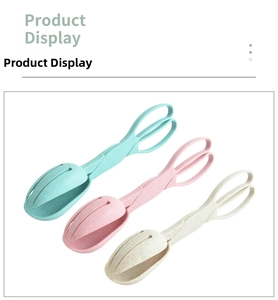 Three-piece set of wheat straw food tongs in mint green, pastel pink, and cream white colors