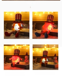 Detail of lighted Independence Day gnomes with American flag patterns in four styles