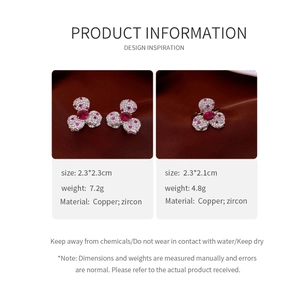 Detailed spec card showing red zircon flower jewelry dimensions and materials on silk